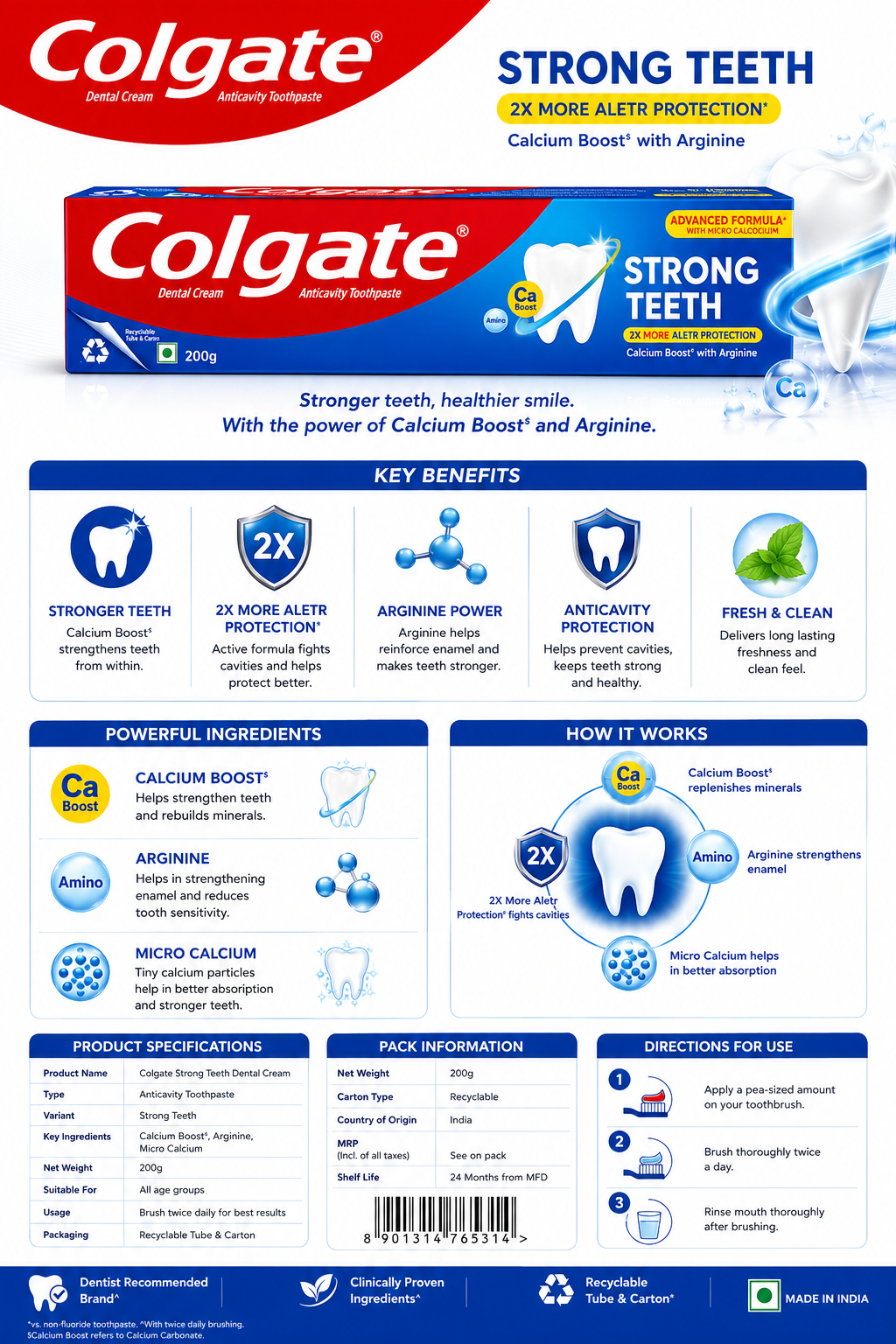 Colgate Strong Teeth Toothpaste 200g | Anticavity Dental Cream with Calcium Boost & Arginine | Stronger Teeth & Cavity Protection | Fresh Breath Toothpaste