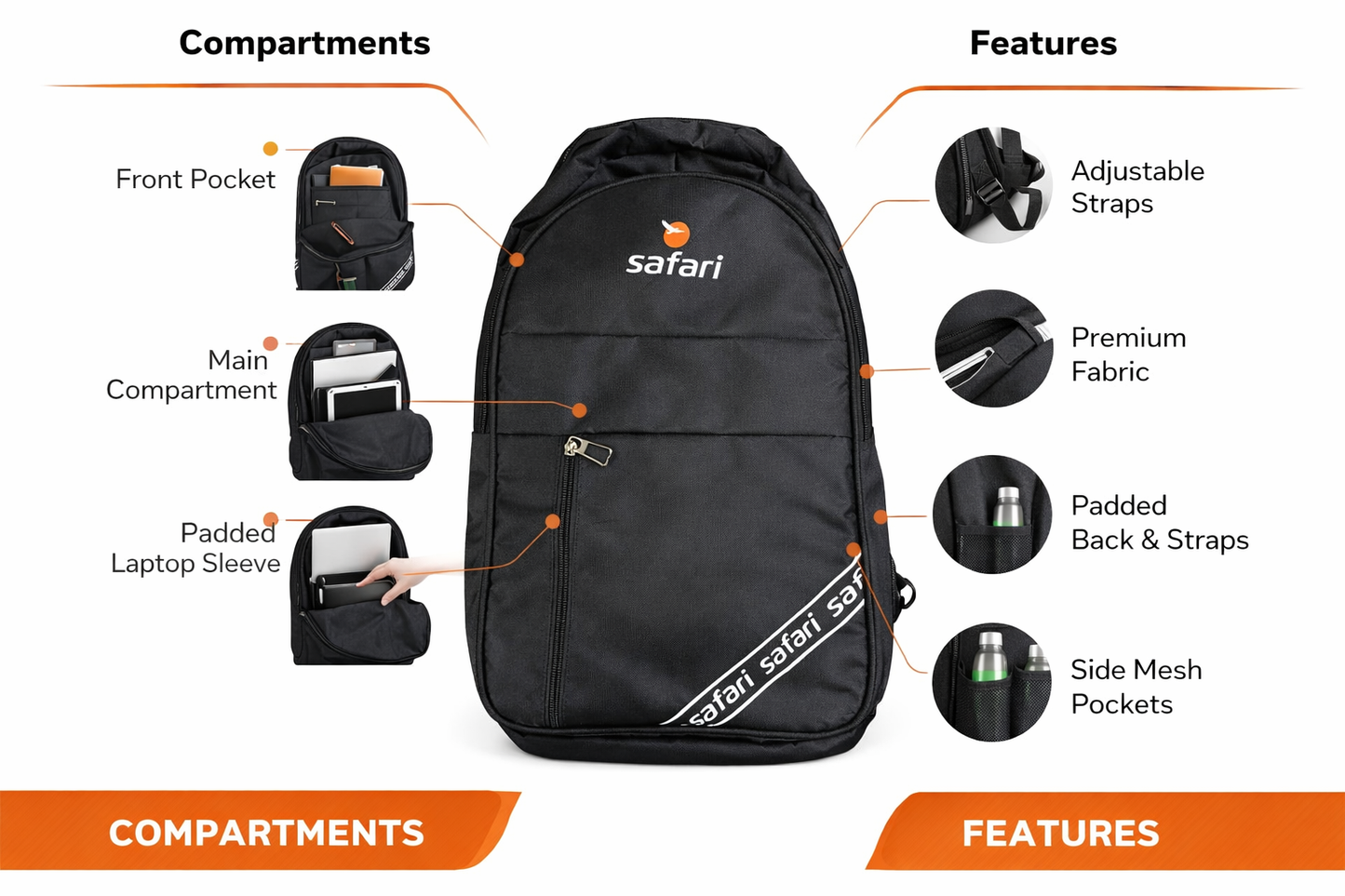 Safari Backpack for Men and Women, Laptop Backpack with Padded Sleeve, Adjustable Straps