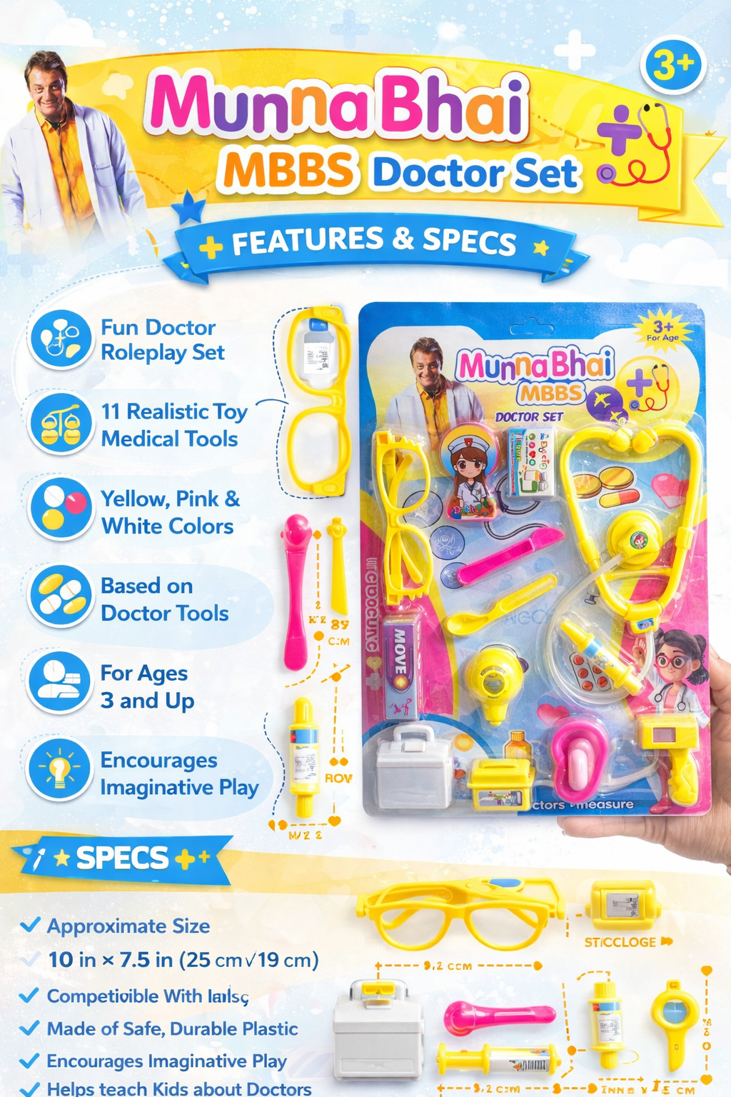 Munna Bhai MBBS Doctor Set for Kids (3+ Years) – 11 Pieces Medical Kit Toy with Stethoscope, Pretend Play Doctor Kit for Boys & Girls