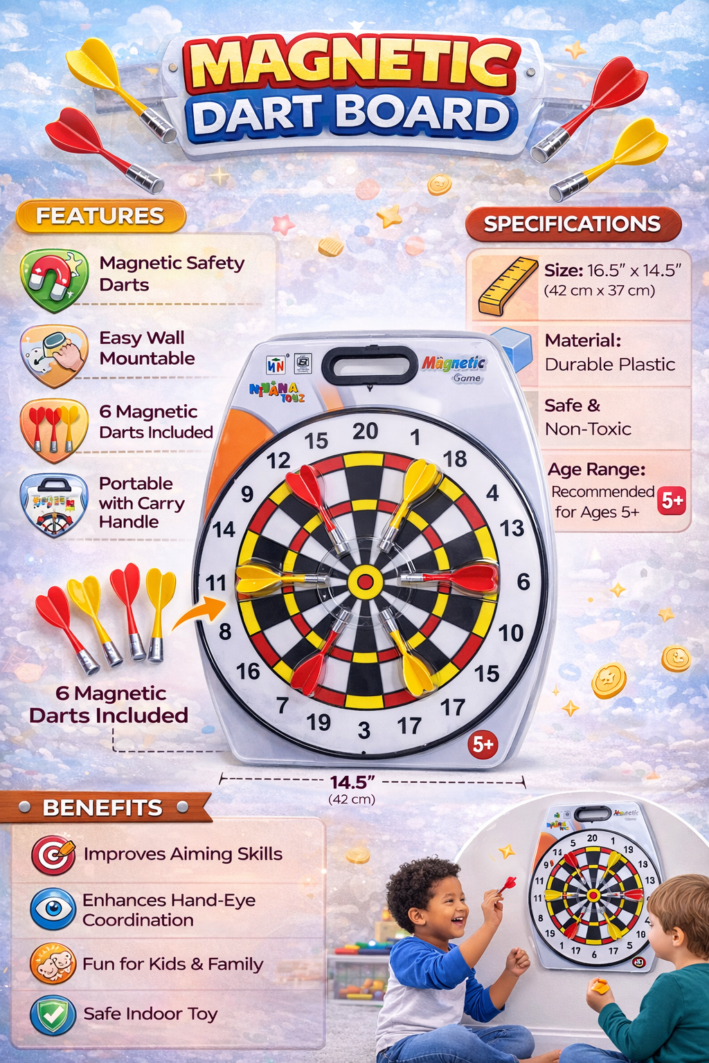 Magnetic Dart Board Game for Kids & Adults, 16.5 Inch Safe Dartboard with 6 Magnetic Darts, Wall Mount & Portable Carry Case, Indoor Fun Game (5+ Years)