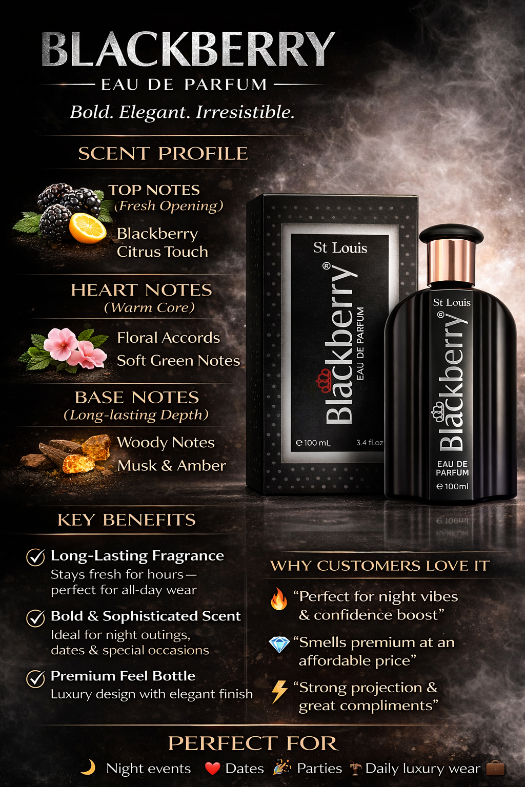 St Louis Blackberry Eau De Parfum 100ml – Long Lasting Fruity Woody Perfume | Premium Bold & Elegant Fragrance | Night Wear & Daily Use