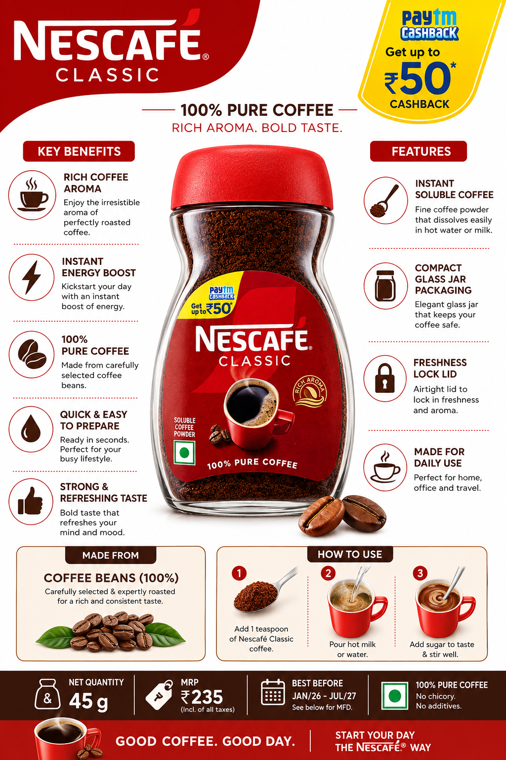 Nescafé Classic Instant Coffee, 100% Pure Coffee, Rich Aroma & Bold Taste, Easy-to-Prepare Soluble Coffee Powder, 45 g