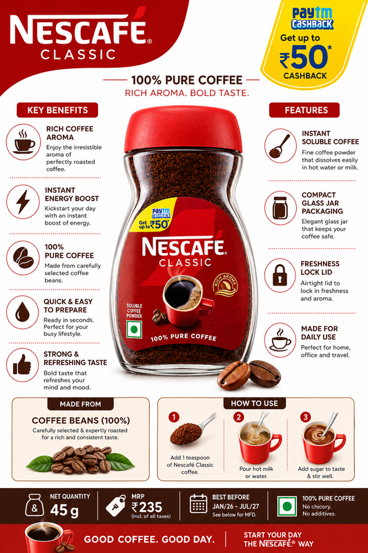 Nescafé Classic Instant Coffee, 100% Pure Coffee, Rich Aroma & Bold Taste, Easy-to-Prepare Soluble Coffee Powder, 45 g