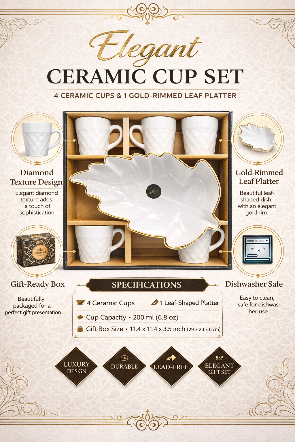 Premium Ceramic Cup Set with Leaf Platter (5 Pieces) | 4 White Diamond Texture Cups (200 ml) + Gold-Rimmed Leaf Serving Dish