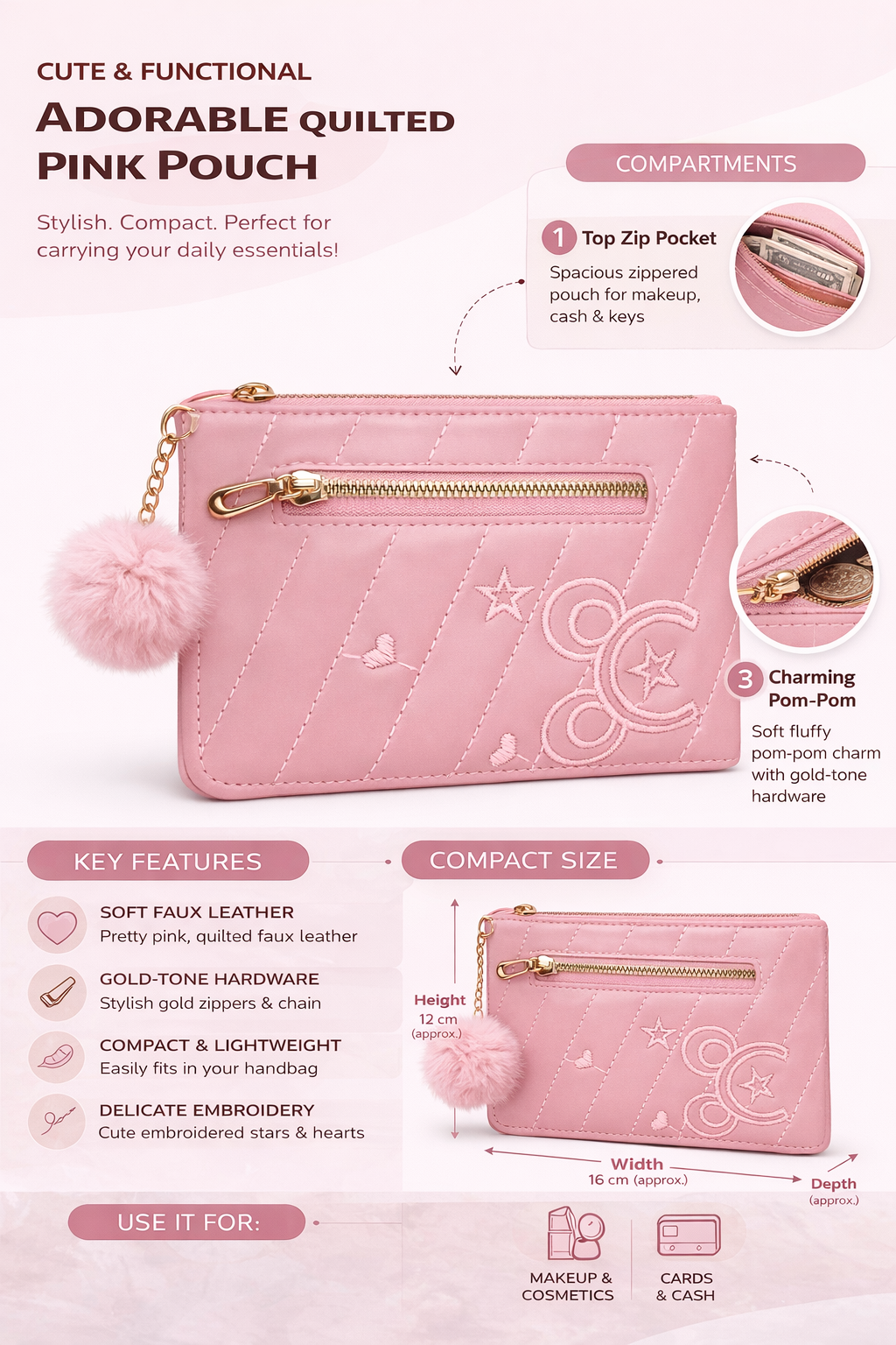 Pink Quilted Pouch for Women, Faux Leather Cosmetic Purse with Zipper Pocket, Pom Pom Charm