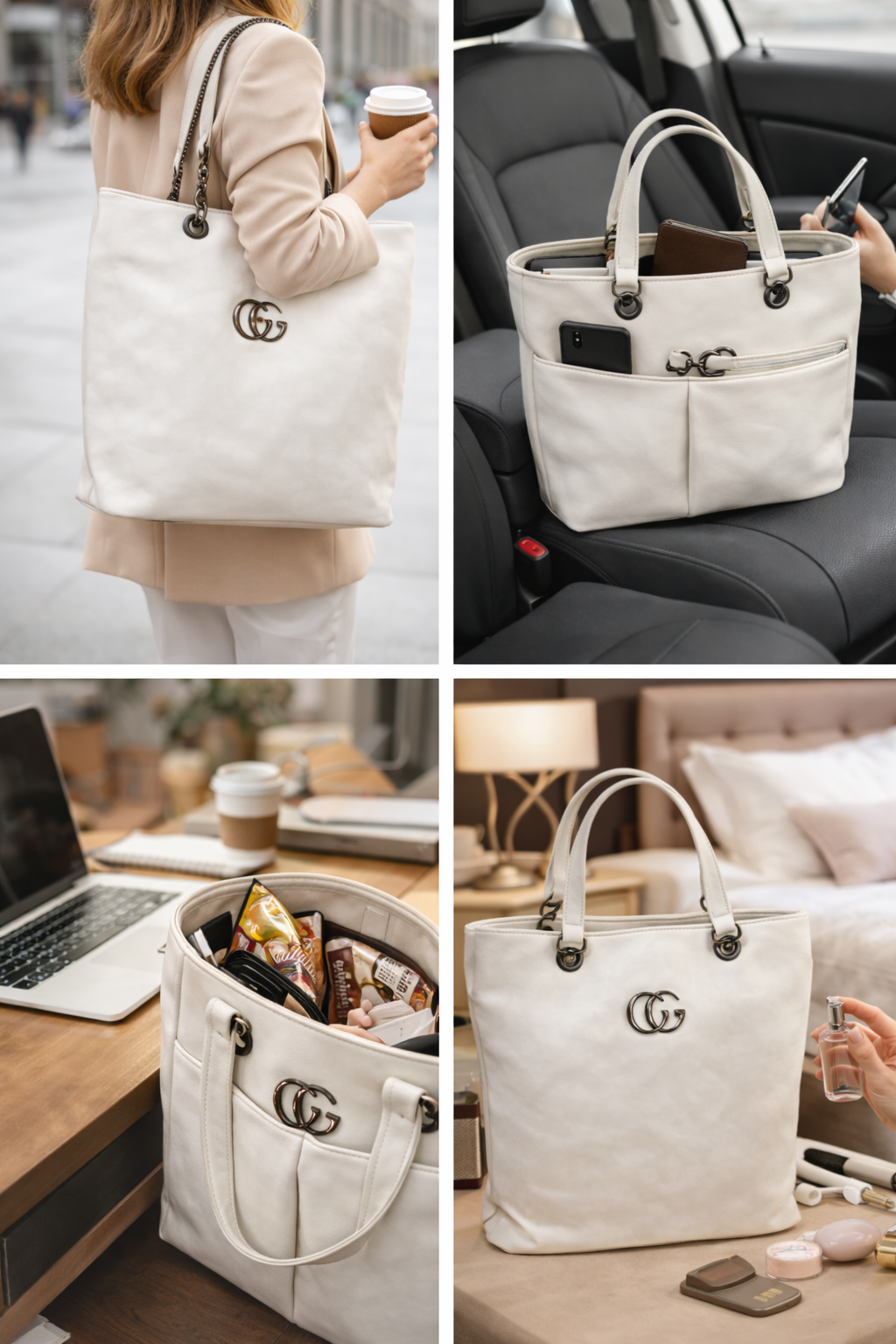 White Luxury Tote Bag for Women, Faux Leather Shoulder Handbag with Chain Handles, Inner Zip Pocket, Rear Zip Pocket