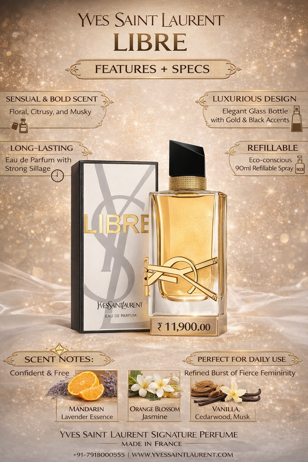 Yves Saint Laurent Libre Eau De Parfum for Women | 90ml Refillable Luxury Perfume | Long-Lasting Floral Citrus Musky Fragrance