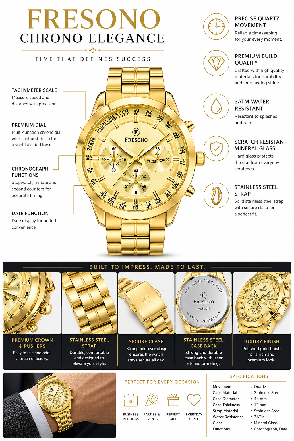 Gold Stainless Steel Strap | Quartz Movement | Tachymeter Dial | Date Display | Luxury Designer Wristwatch