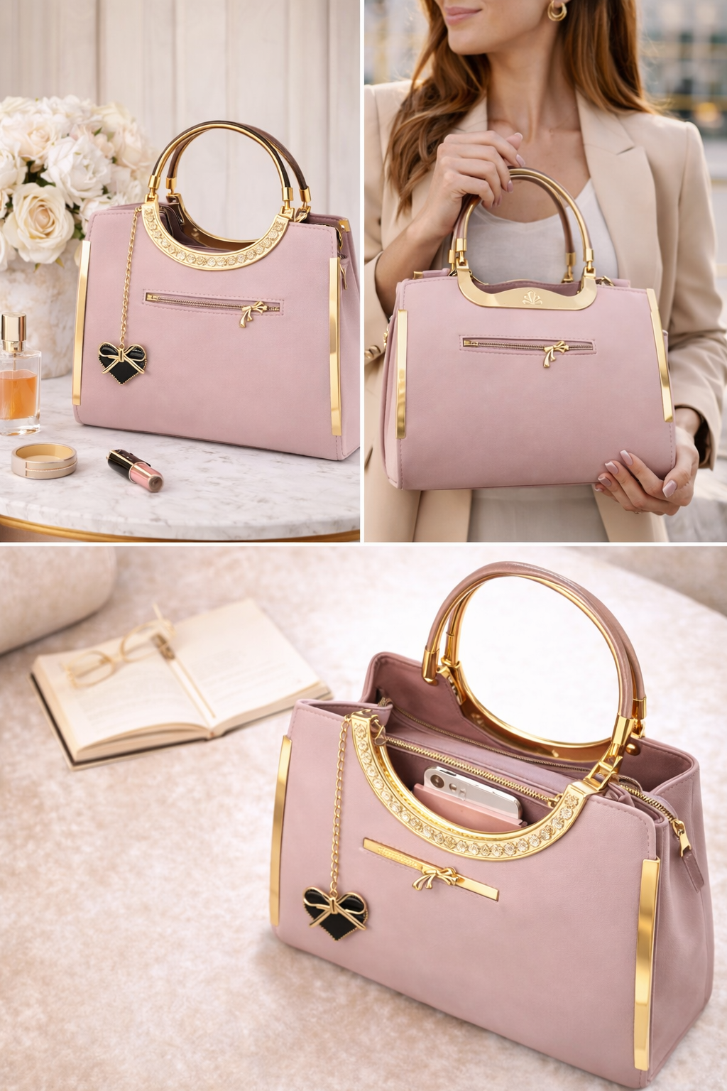 Harmal Store Women’s Blush Pink Faux Leather Handbag with Rhinestone Handle | Luxury Top Handle Purse with Gold-Tone Hardware