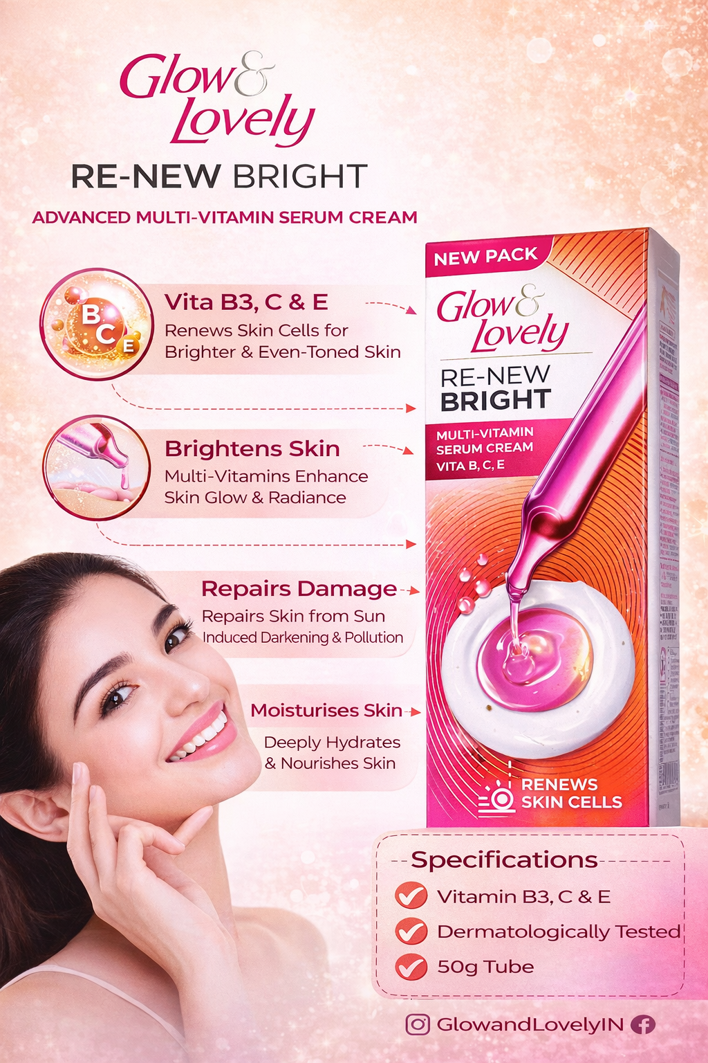 Glow & Lovely Re-New Bright Face Cream 50g, Multi-Vitamin Serum Cream with Vitamin B3, C & E, Skin Brightening, Moisturising & Even Tone Cream, Dermatologically Tested