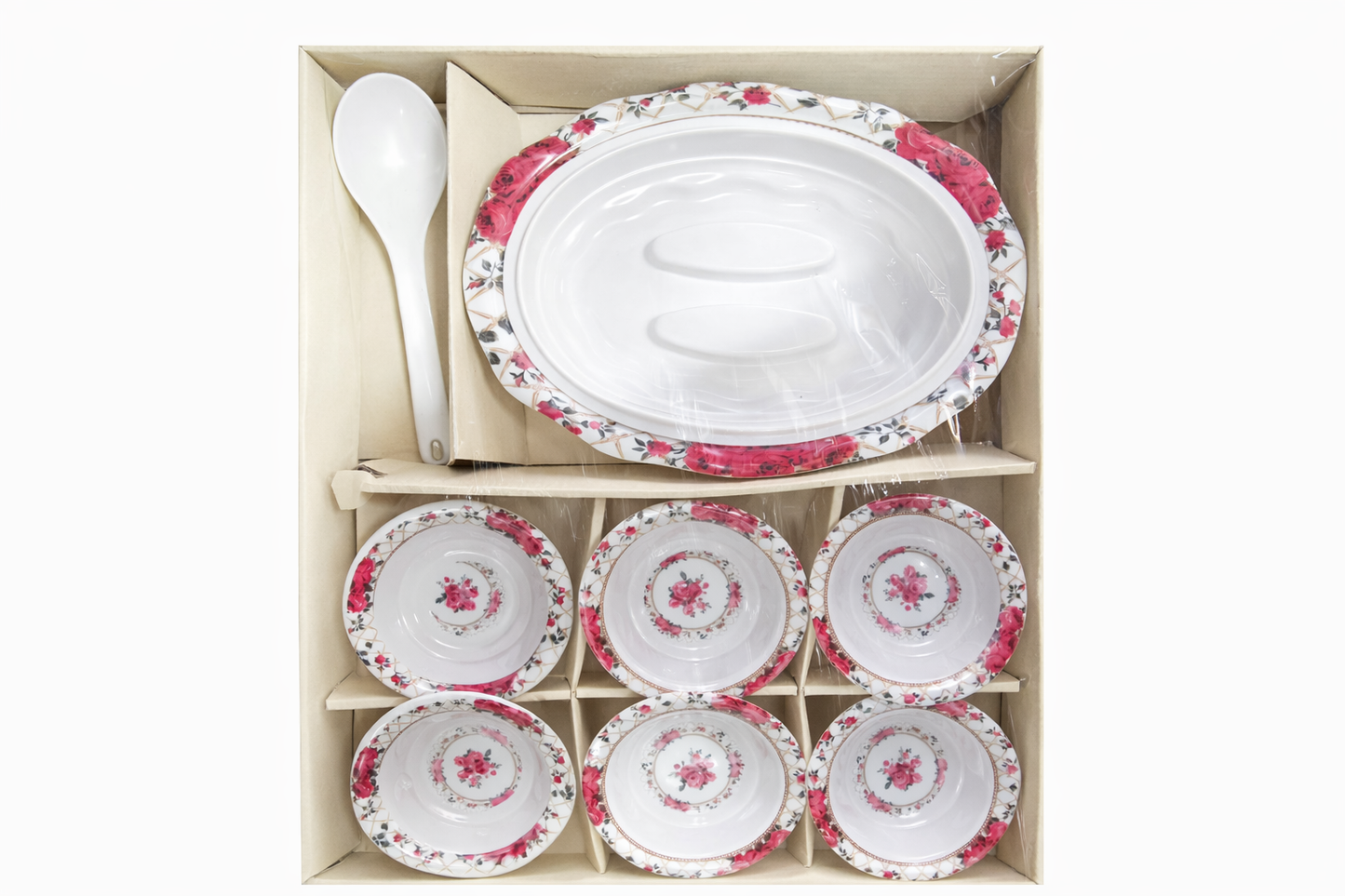 Porcelain Casserole Bowl Set with Lid & Spoon (7 Pieces) – 1.5L Oval Serving Casserole + 5 Soup Bowls (5.5 Inch) | Floral Design Dinnerware Set | Dishwasher Safe | Gift Box Pack