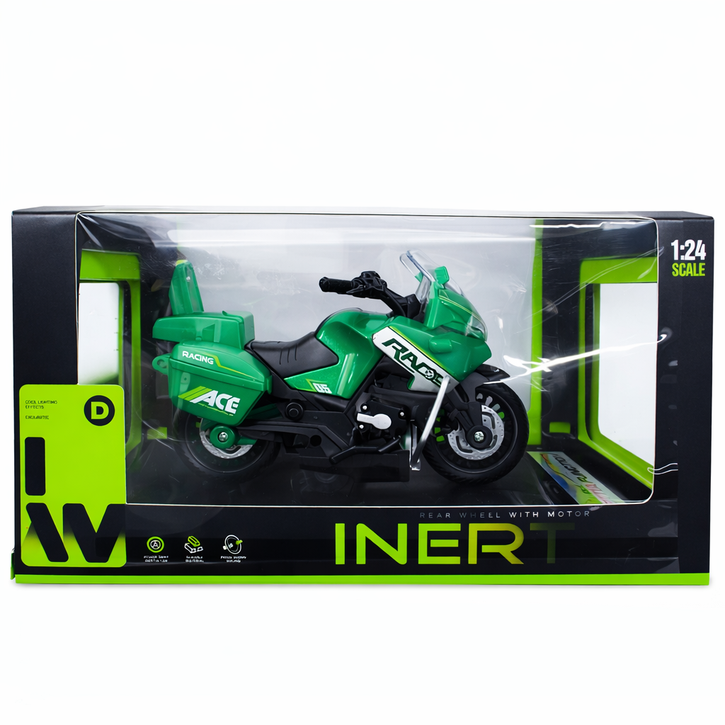 Green Die-Cast Touring Motorcycle Toy for Kids, Pull Back Bike with Light, Engine Sound and Rear Suspension, Racing Bike Toy for Ages 3+