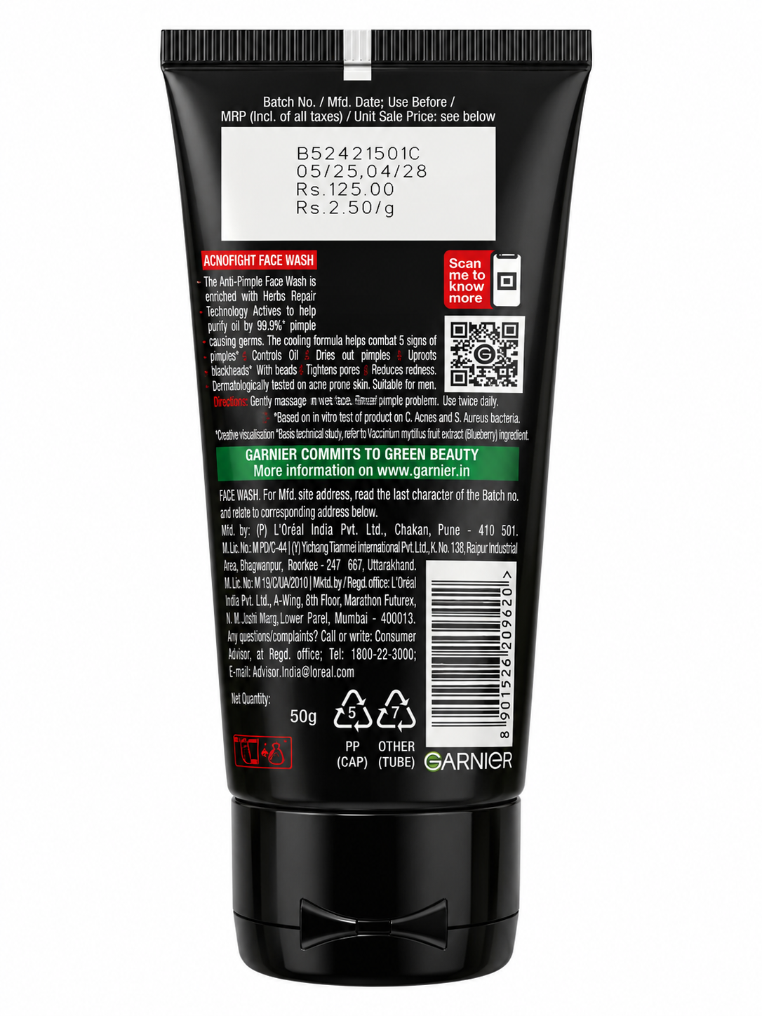 Garnier Men AcnoFight Anti-Pimple Face Wash with Salicylic Actives & Herba Repair, Deep Cleansing & Oil Control Face Cleanser for Oily Acne-Prone Skin, Paraben Free, 50g