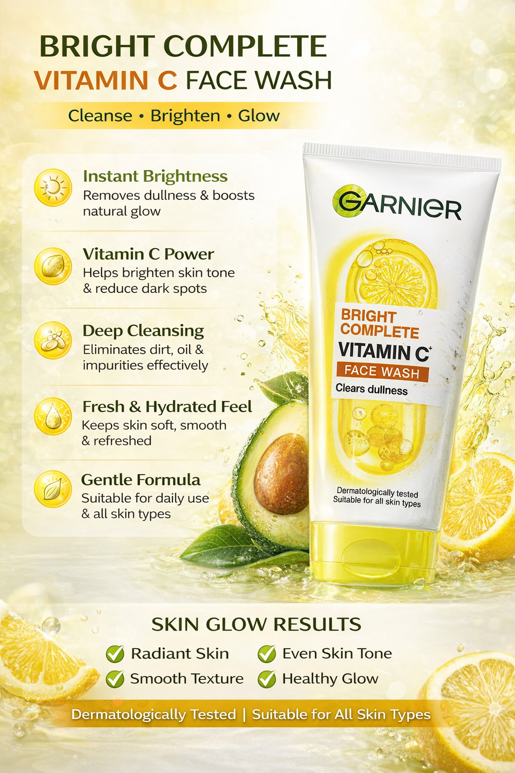 Garnier Bright Complete Vitamin C Face Wash for Instant Brightness, Deep Cleansing & Glowing Skin | Removes Dirt, Oil & Impurities | Suitable for All Skin Types
