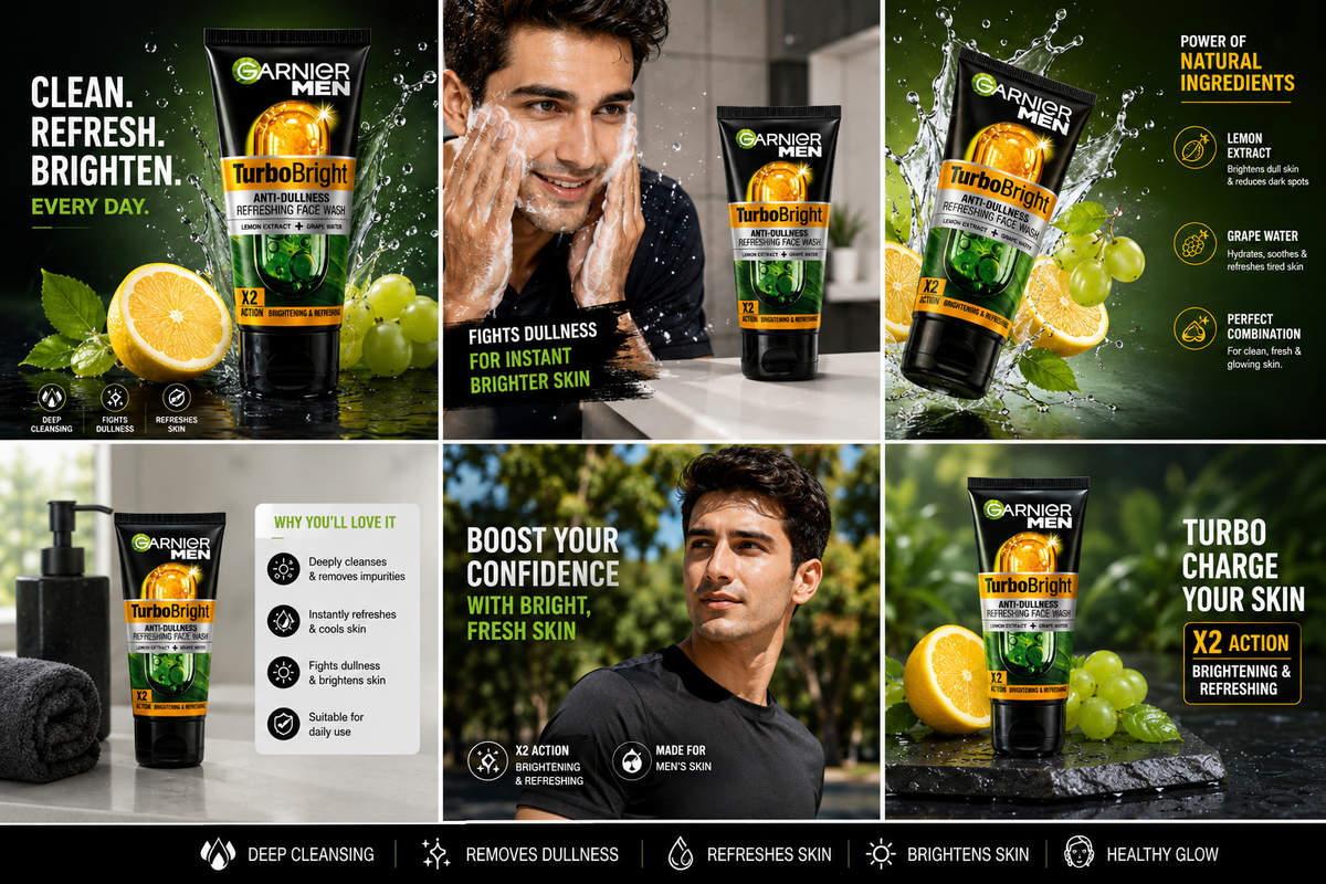 Garnier Men TurboBright Anti-Dullness Refreshing Face Wash with Lemon Extract & Grape Water, Deep Cleansing & Brightening Face Cleanser for Men, Paraben Free, 50g