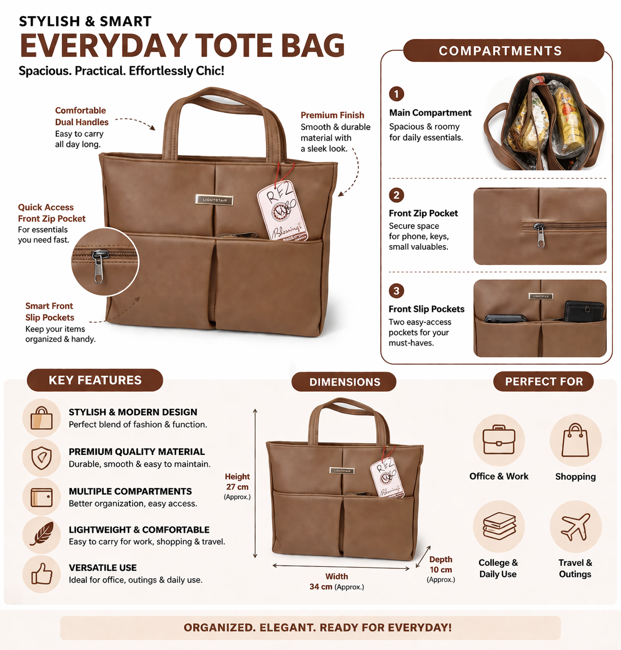 Brown Everyday Tote Bag for Women, Multi Pocket Shoulder Handbag with Front Zip Pocket
