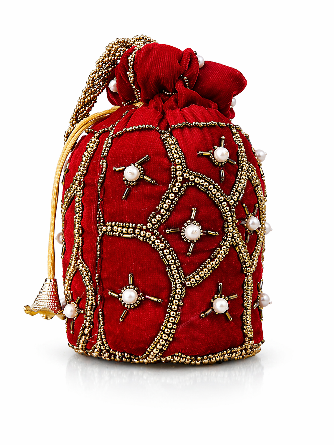 Red Velvet Potli Bag for Women, Embroidered Drawstring Ethnic Clutch Purse with Pearl Tassels and Gold Beadwork