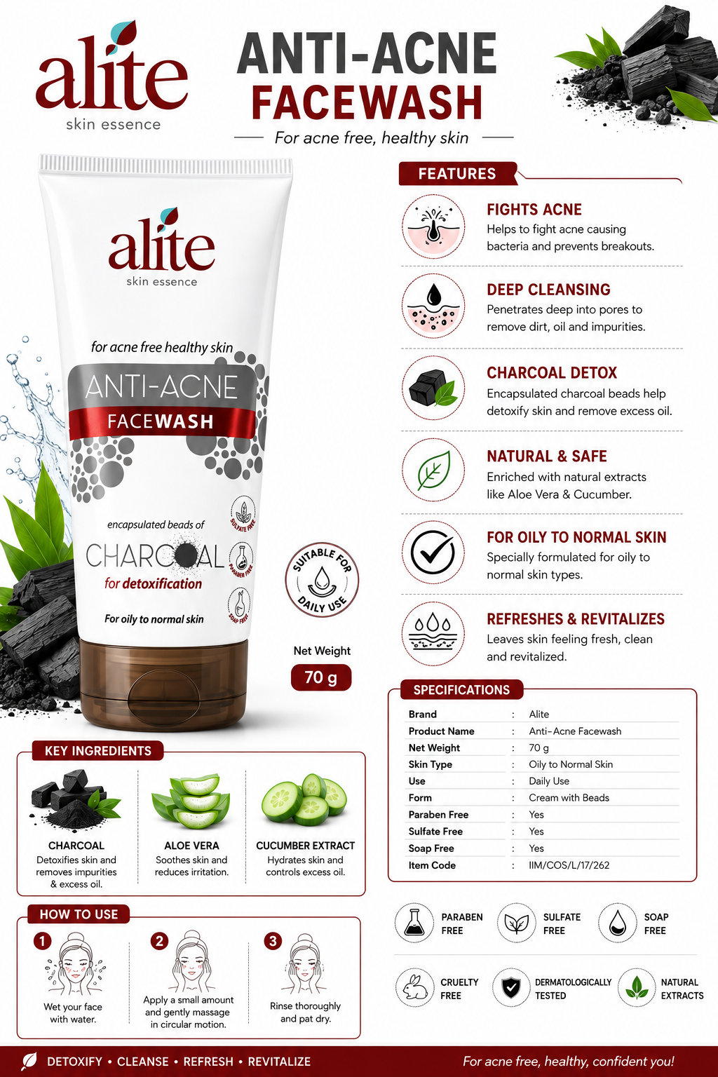 Alite Anti-Acne Facewash with Charcoal, Aloe Vera & Cucumber Extract, Deep Cleansing & Oil Control Face Wash for Oily to Normal Skin, Paraben Free, Sulfate Free, Soap Free, 70 g