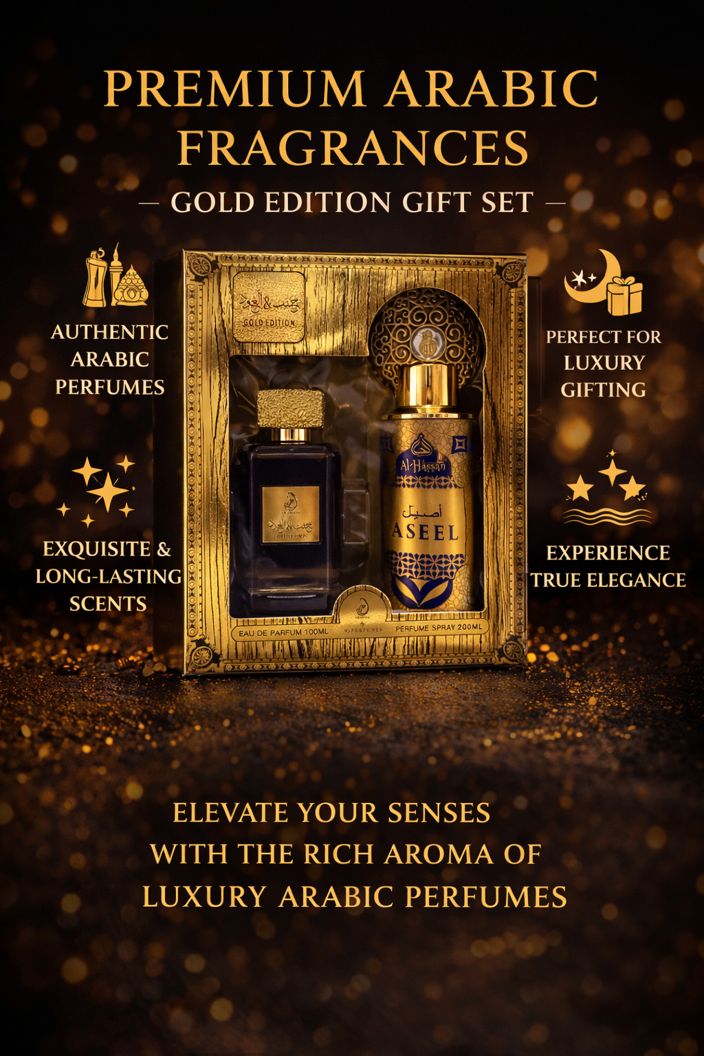 Premium Arabic Perfume Gift Set Gold Edition – Aseel Eau De Parfum 100ml + Perfume Spray 200ml – Long-Lasting Oud Fragrance for Men & Women – Luxury Gift Box Set