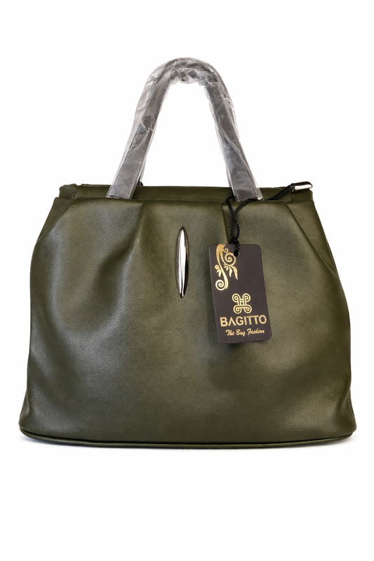 BAGITTO Women's Green Tote Handbag, Premium PU Leather Shoulder Bag with Multiple Compartments and Metal Emblem