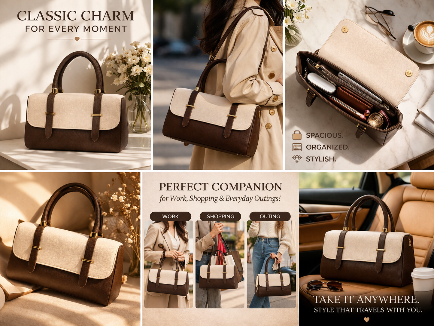 Two-Tone Faux Leather Handbag for Women | Stylish Structured Top Handle Purse with Gold Hardware