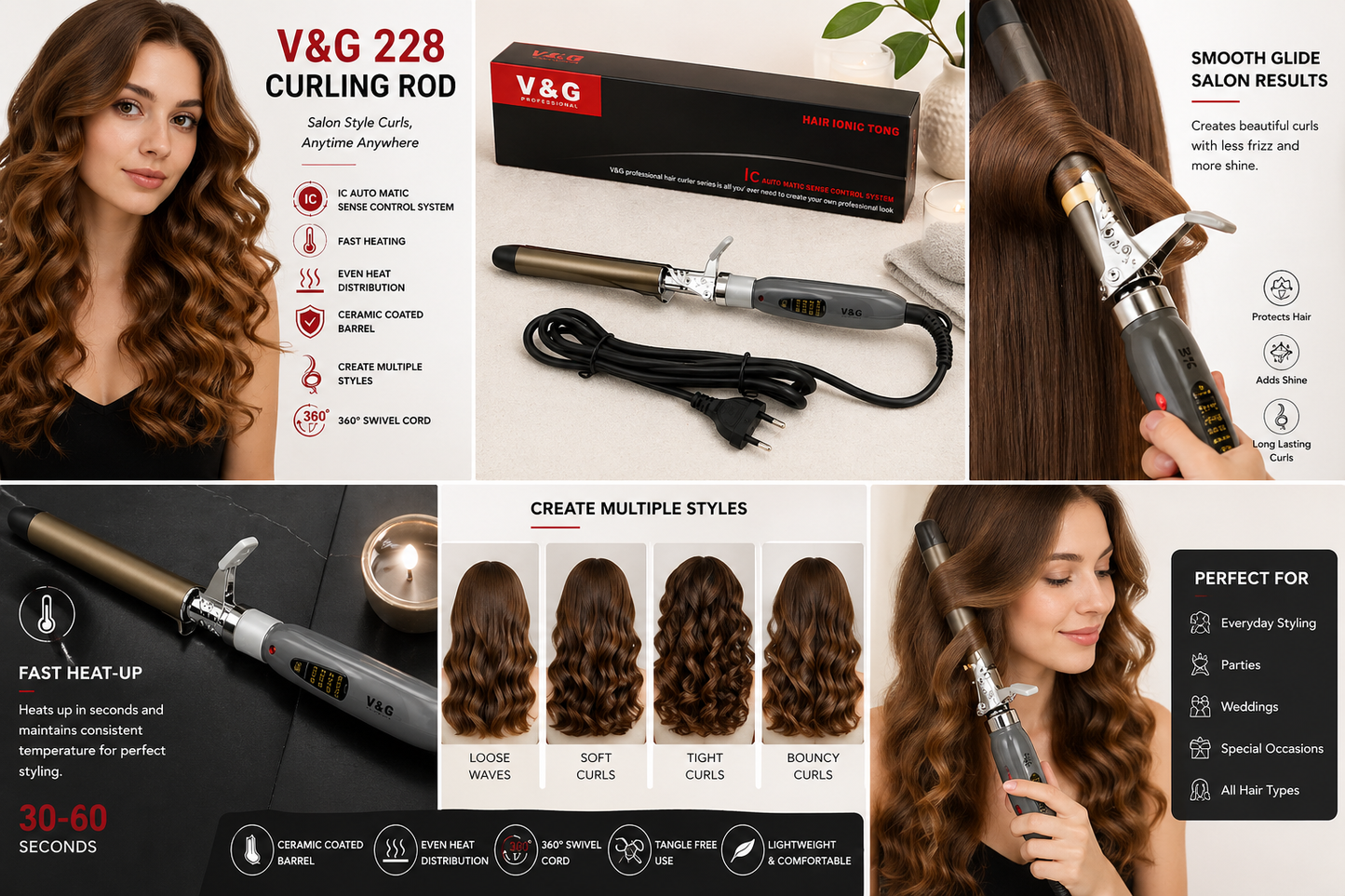 Harmal Store V&G 228 Professional Hair Curling Rod – 25mm Ceramic Coated Ionic Tong with IC Auto-Matic Sense Control – Quick Heating Salon-Style Curler for All Hair Types