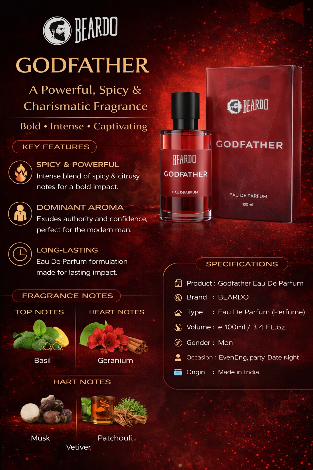 Beardo Godfather Eau De Parfum for Men, Long-Lasting Spicy Citrus Perfume with Basil, Geranium, Musk & Patchouli, 100ml