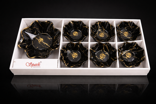 Premium Black & Gold Marble Design Bowl Set (7 Pieces) | 6 Small Bowls + 1 Large Serving Bowl