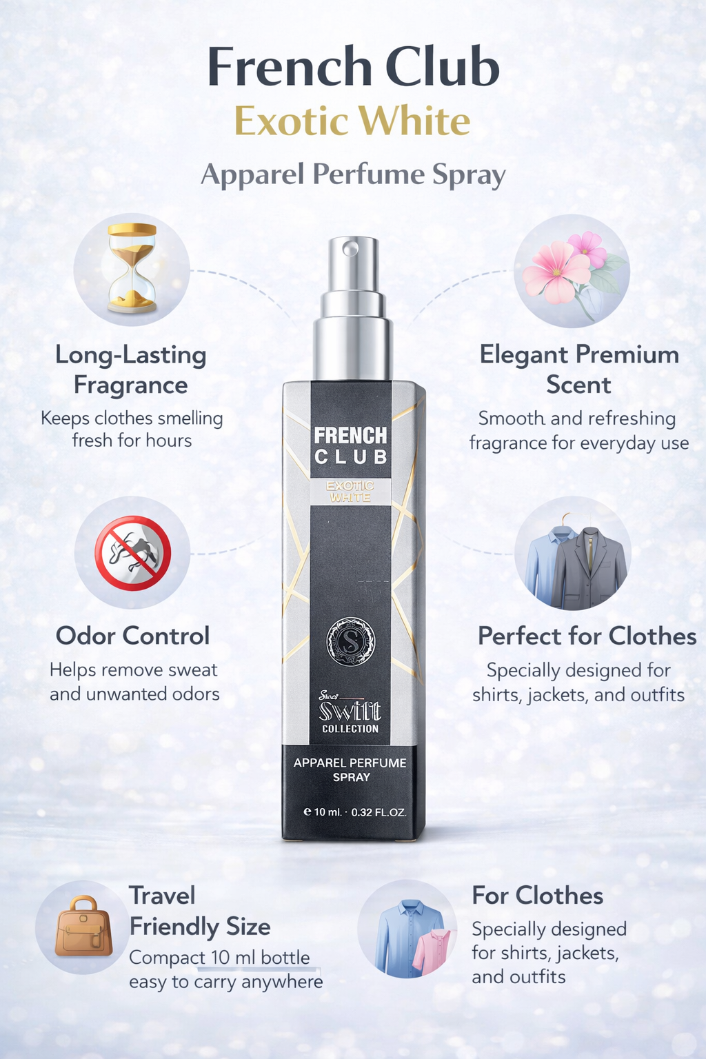 French Club Exotic White Apparel Perfume Spray 10ml | Long-Lasting Fabric Perfume for Clothes