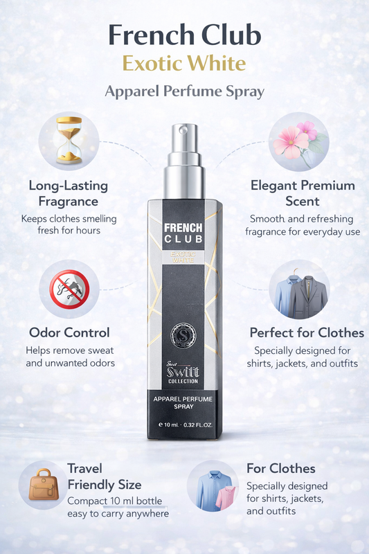 French Club Exotic White Apparel Perfume Spray 10ml | Long-Lasting Fabric Perfume for Clothes