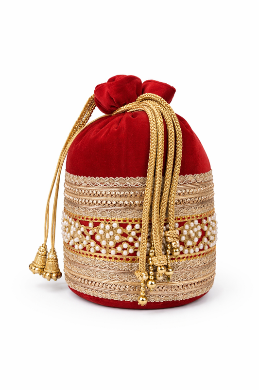 Red Velvet Potli Bag for Women, Embroidered Drawstring Ethnic Clutch Purse with Pearl and Gold Beadwork