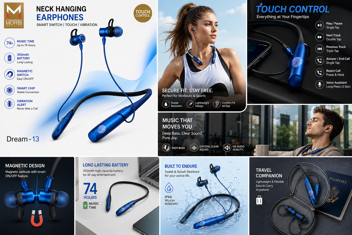 MORBI Dream-13 Neck Hanging Bluetooth Earphones with Mic, 74 Hours Music Playtime, 350mAh Battery, Touch Control, Magnetic Earbuds, Vibration Alert, Deep Bass, Type-C Charging, Wireless Neckband for Gym, Running, Travel & Office