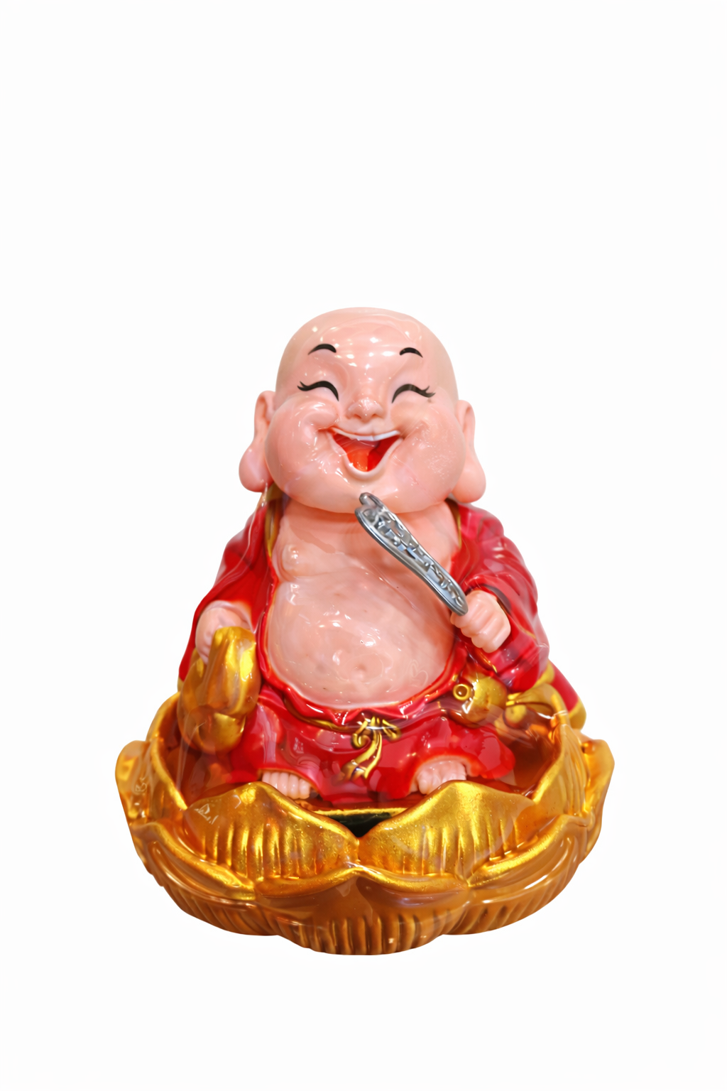 Laughing Buddha Solar Figurine for Home Decor | Feng Shui Wealth & Happiness Idol with Golden Lotus Base