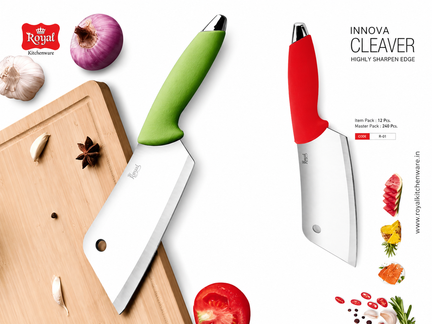 Royal Innova Cleaver Knife | Stainless Steel Meat Cleaver with Soft Grip Handle | Sharp Kitchen Chopper for Meat, Fish, Vegetables & Fruits | Multipurpose Kitchen Cleaver R-01