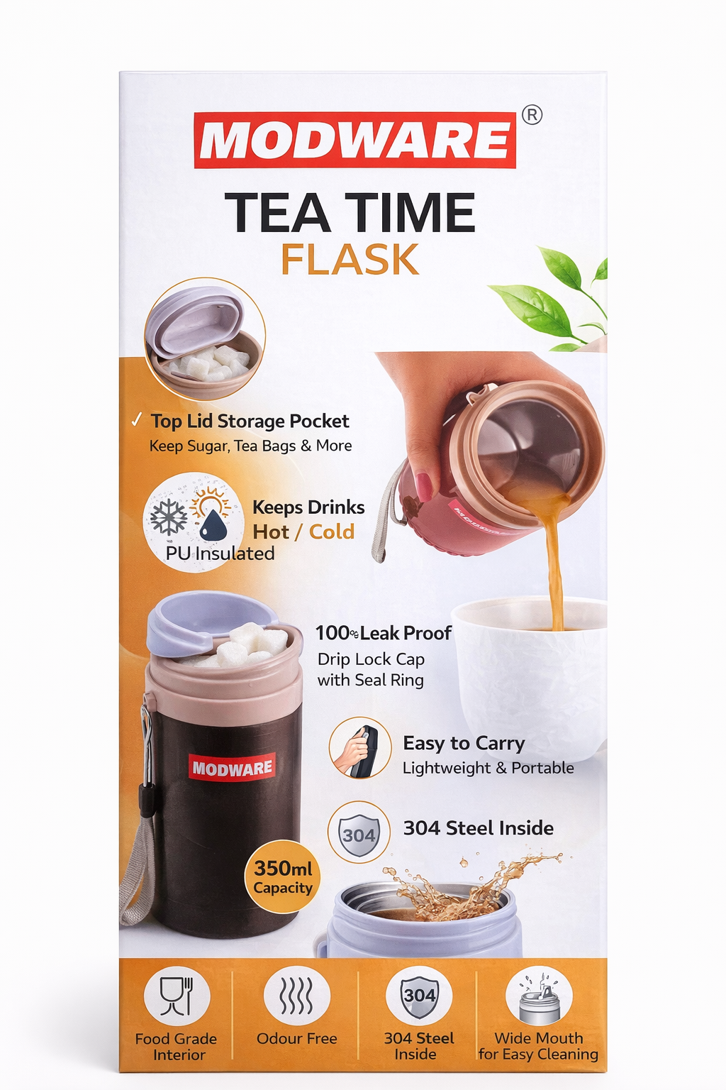 Modware Tea Time Flask 350ml – Stainless Steel Insulated Thermos Bottle with Storage Lid