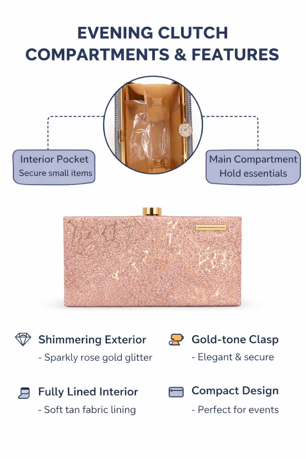 Rose Gold Glitter Evening Clutch for Women, Sparkly Box Clutch Purse with Gold-tone Clasp