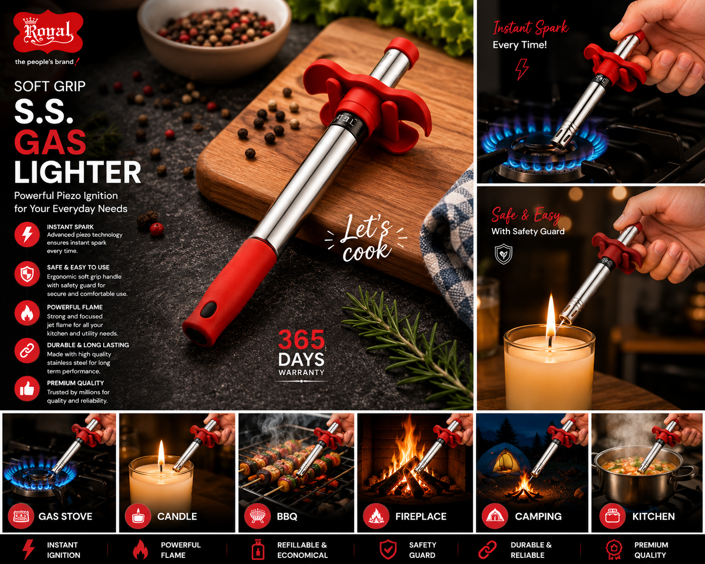Royal Plastic Slim Gas Lighter for Kitchen, Stainless Steel Slim Gas Stove Lighter with Ergonomic Grip, Manual Spark Igniter, Reusable Kitchen Lighter for Gas Stove, BBQ & Candle, Red