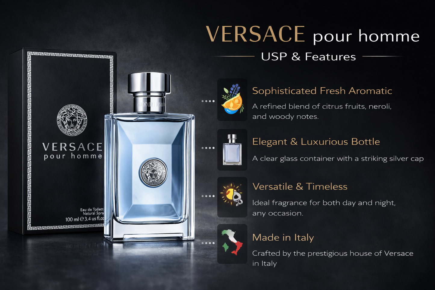 Versace Pour Homme Eau De Toilette for Men 100ml – Fresh Citrus Aromatic Fragrance | Long Lasting Premium Designer Perfume | Day & Night Wear