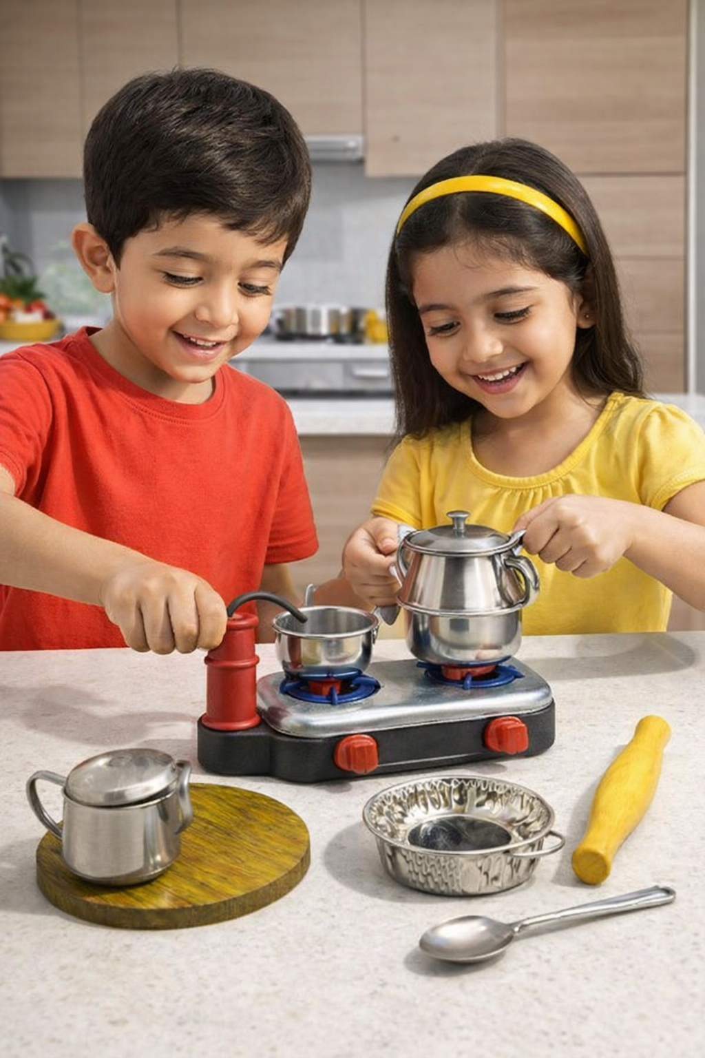 Kids Kitchen Toy Set with Mini Utensils & Cookware, Stainless Steel Pretend Play Cooking Set with Stove & Accessories, Role Play Toys for Boys & Girls (Ages 3+)