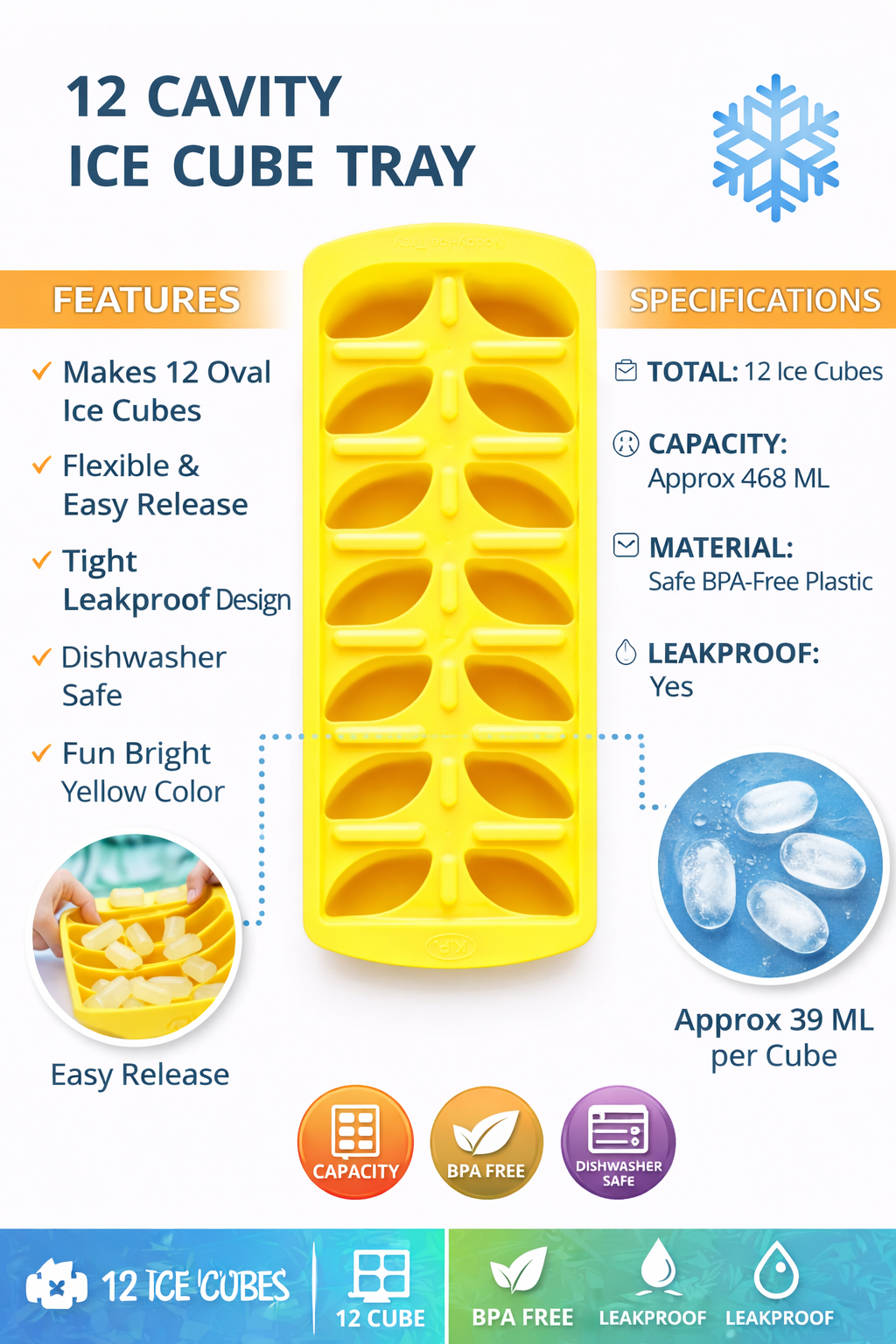 12 Cavity Ice Cube Tray | BPA-Free Plastic Ice Tray with Oval Moulds | Easy Release Flexible Ice Maker | Leakproof & Dishwasher Safe | Freezer Ice Tray for Home Kitchen