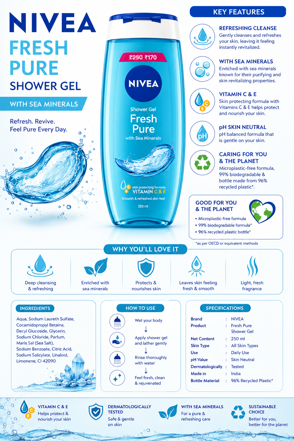 NIVEA Waterlily & Oil Shower Gel 250ml | Vitamin C & E Body Wash | Refreshing Fragrance | pH Skin Neutral | Moisturizing Shower Gel for All Skin Types