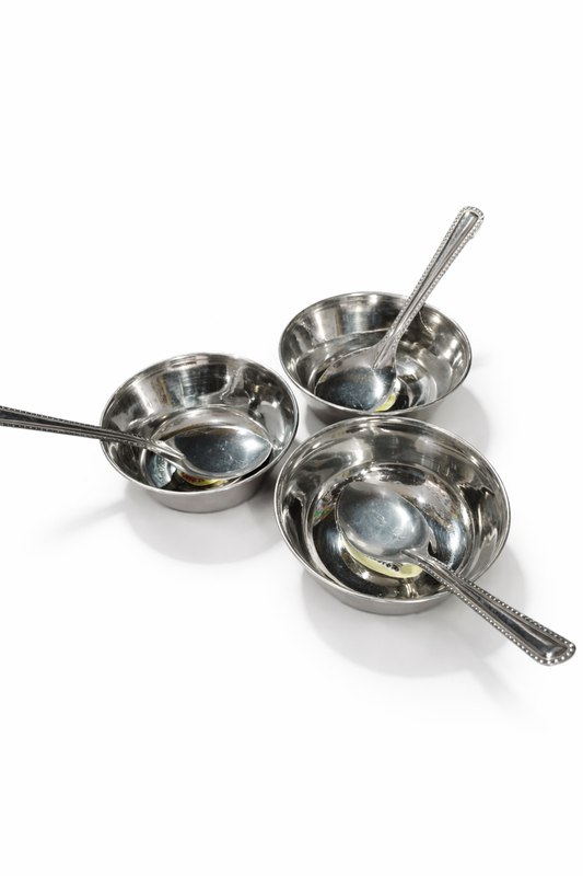 Stainless Steel Bowl Set with Teaspoons (Set of 6) | Food Grade Steel Katori Set | Rust Resistant | Dishwasher Safe | Kitchen Serving Bowls