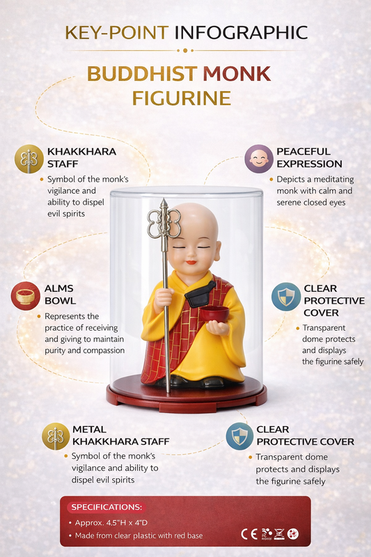 Buddhist Monk Figurine with Protective Dome | Feng Shui Monk Statue with Khakkhara Staff & Alms Bow