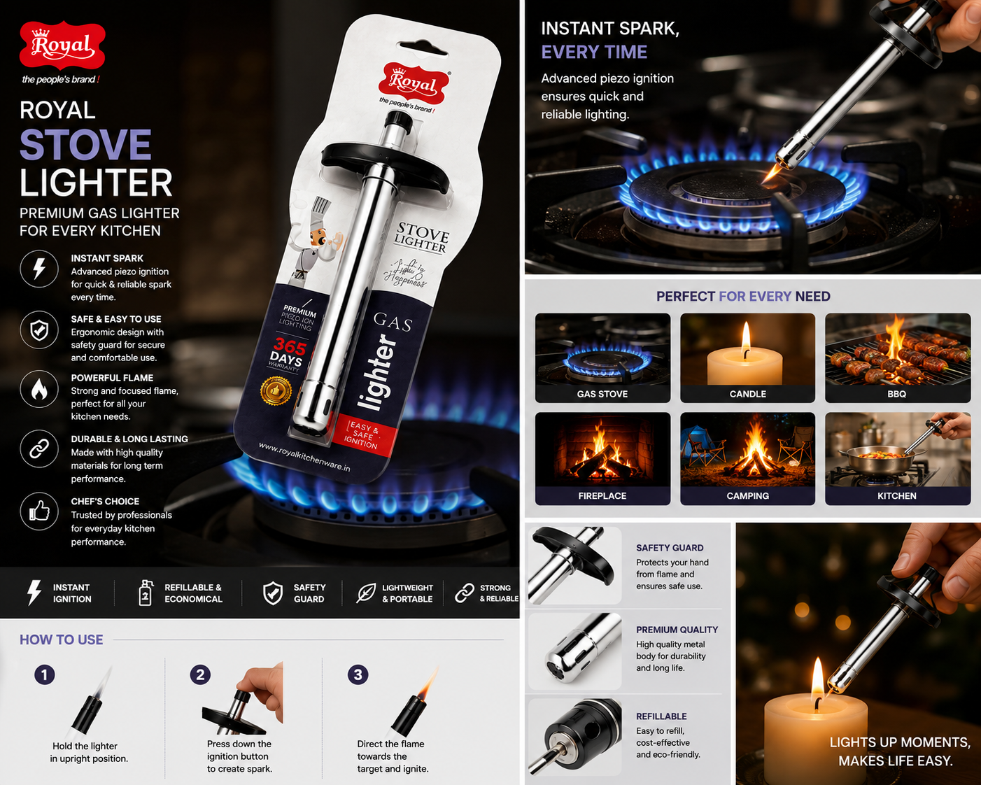 Royal Stove Lighter - Premium Gas Lighter for Kitchen with Jet Flame | Refillable Piezo Ignition Electronic Gas Stove Lighter for Kitchen, BBQ, Camping