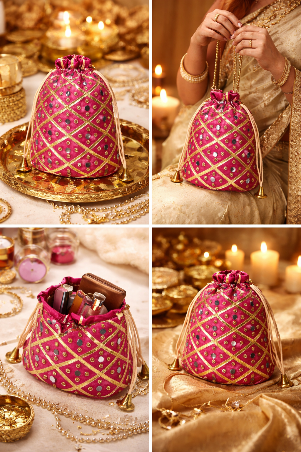 Magenta Potli Bag for Women, Embroidered Drawstring Clutch with Rhinestones, Golden Lattice Design,