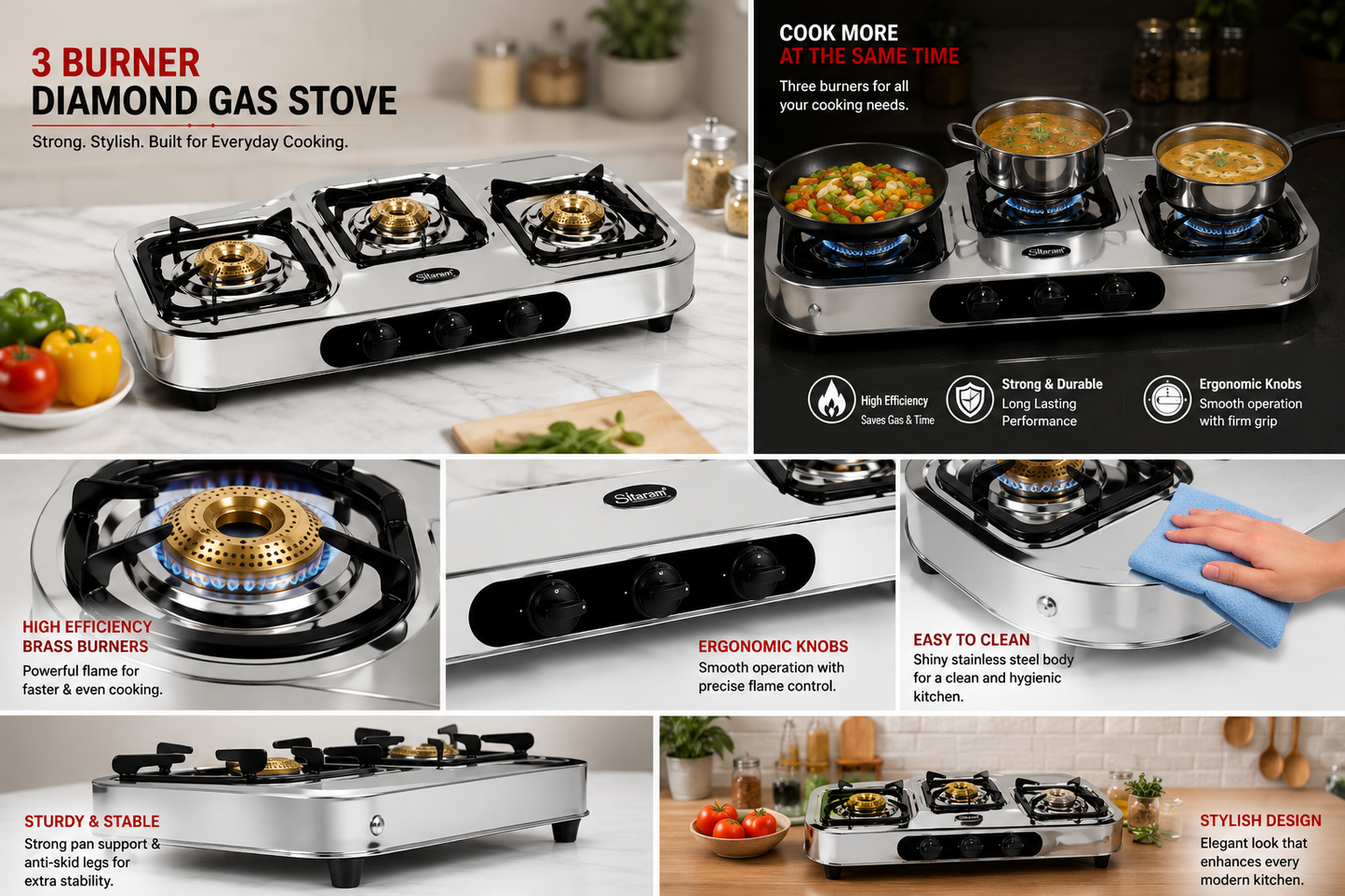 Sitaram SR-311 Diamond 3 Burner Gas Stove | Stainless Steel Body | Brass Burners | Heavy Duty Pan Support | Manual Ignition LPG Gas Stove | Silver