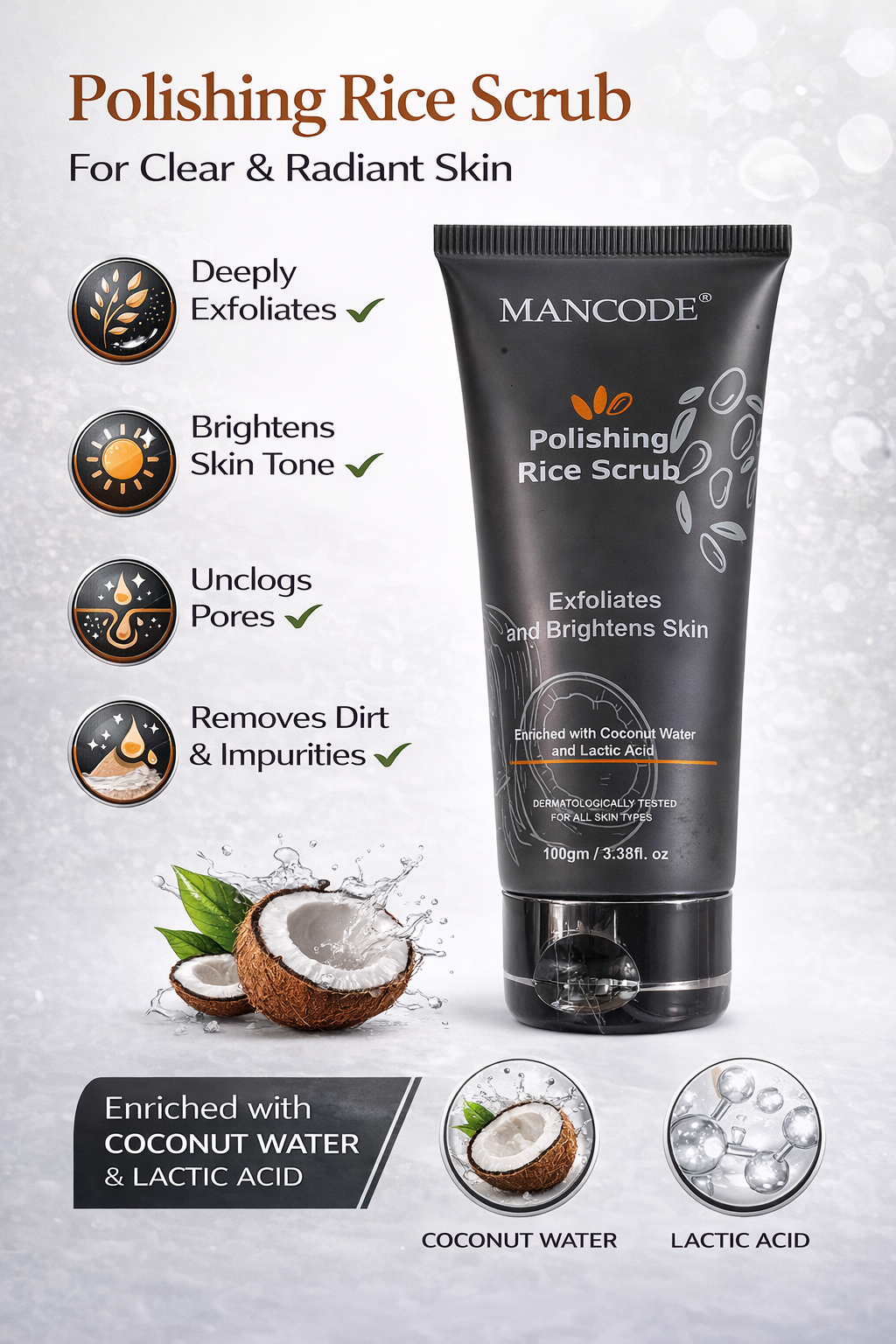 Mancode Tan Removal Scrub for Men, De-Tan Face Scrub with Exfoliating Formula for Blackhead Removal & Skin Brightening, 100ml