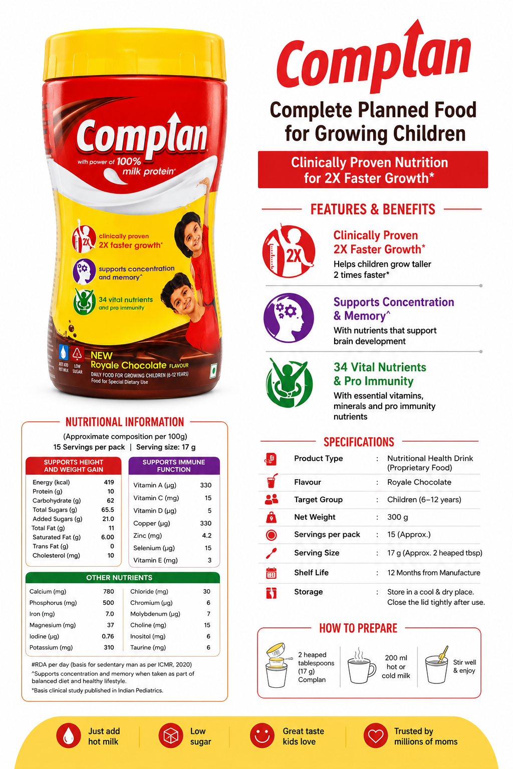 Complan Royal Chocolate Nutritional Health Drink for Growing Children | 100% Milk Protein | 34 Vital Nutrients | Supports Growth, Immunity & Brain Development | Chocolate Flavour | 300g
