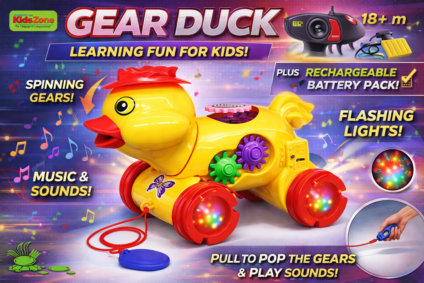 Gear Duck Toy for Toddlers – Musical Light-Up Duck with Spinning Gears, Pull String Action & Flashing LED Wheels – Educational Baby Toy (18+ Months)