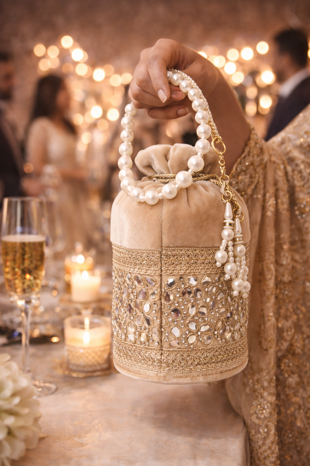 Amazon GEO / SEO Listing Content Product Title  Beige Velvet Potli Bag for Women, Embroidered Drawstring Ethnic Clutch Purse with Pearl Handle and Tassels